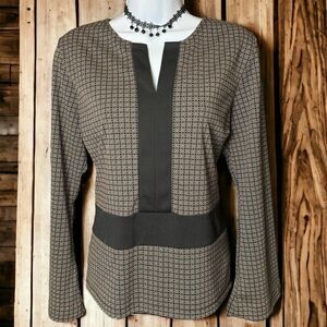 Casual Corner ANNEX (PM) Geometric Pattern Blouse, Color Block Trim, L/S Brown